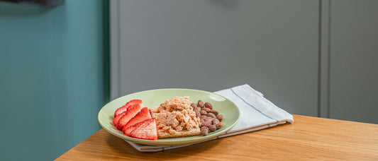 Tuna, wholegrain crisp, almonds, and strawberries